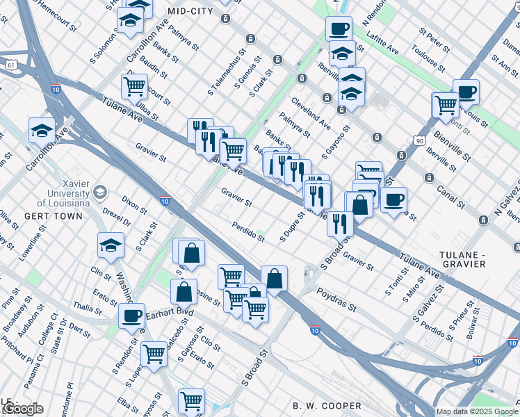 map of restaurants, bars, coffee shops, grocery stores, and more near 3024 Gravier Street in New Orleans