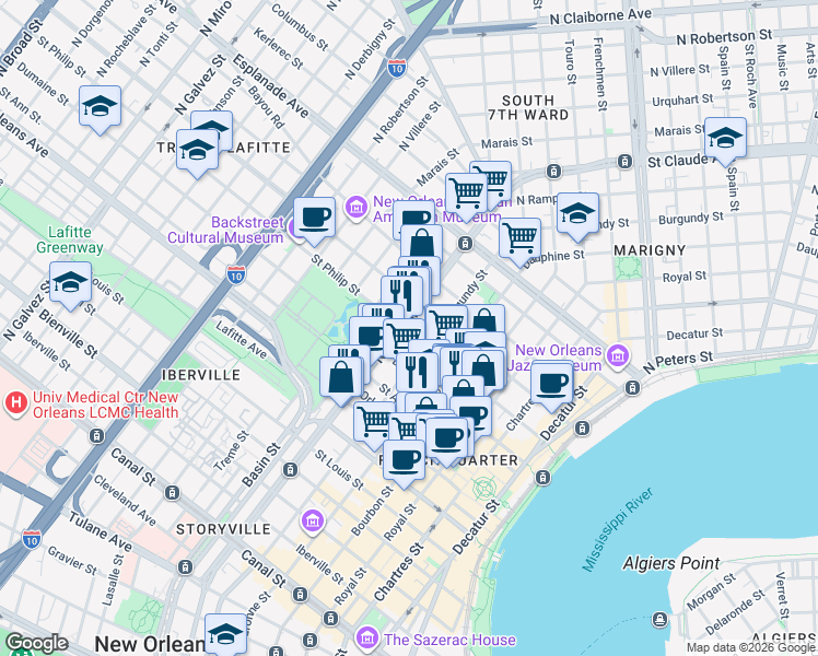 map of restaurants, bars, coffee shops, grocery stores, and more near 1028 Saint Philip Street in New Orleans