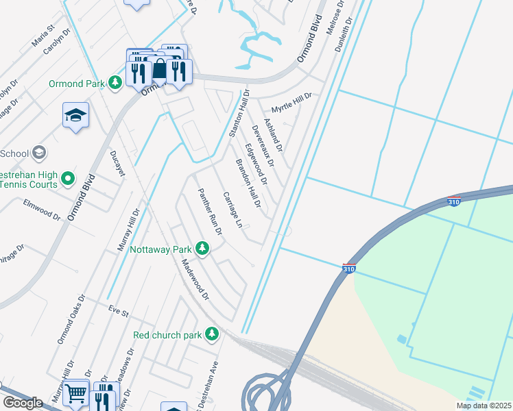 map of restaurants, bars, coffee shops, grocery stores, and more near 55 Brandon Hall Drive in Destrehan