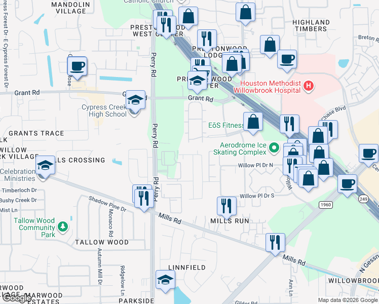 map of restaurants, bars, coffee shops, grocery stores, and more near 9434 Green Mills Drive in Houston