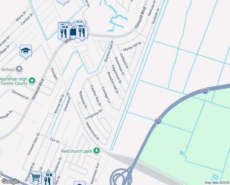 map of restaurants, bars, coffee shops, grocery stores, and more near 75 Carriage Lane in Destrehan