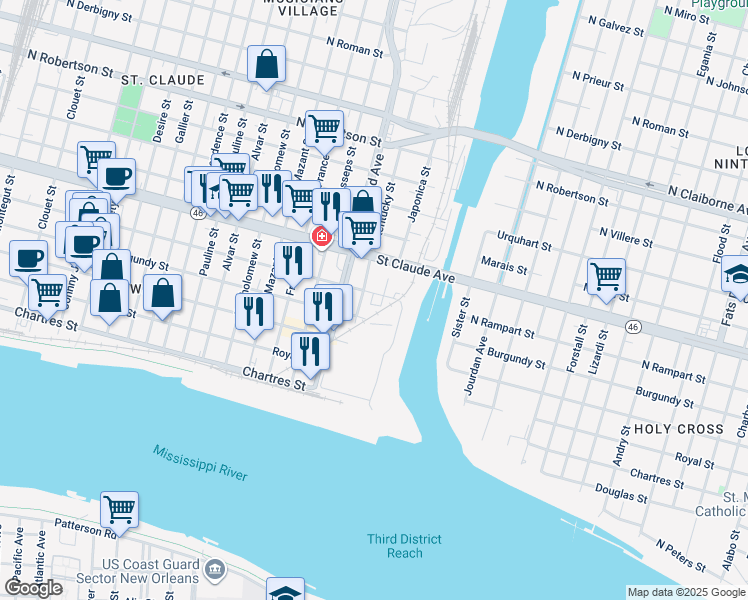 map of restaurants, bars, coffee shops, grocery stores, and more near 4520 North Rampart Street in New Orleans