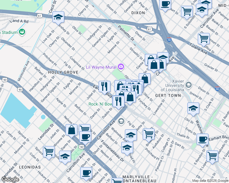 map of restaurants, bars, coffee shops, grocery stores, and more near 8311 Colapissa Street in New Orleans