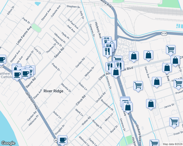 map of restaurants, bars, coffee shops, grocery stores, and more near 296 Silver Oak Lane in River Ridge