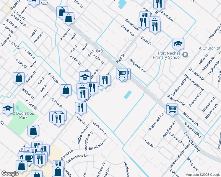 map of restaurants, bars, coffee shops, grocery stores, and more near 4700 Highway 365 in Port Arthur