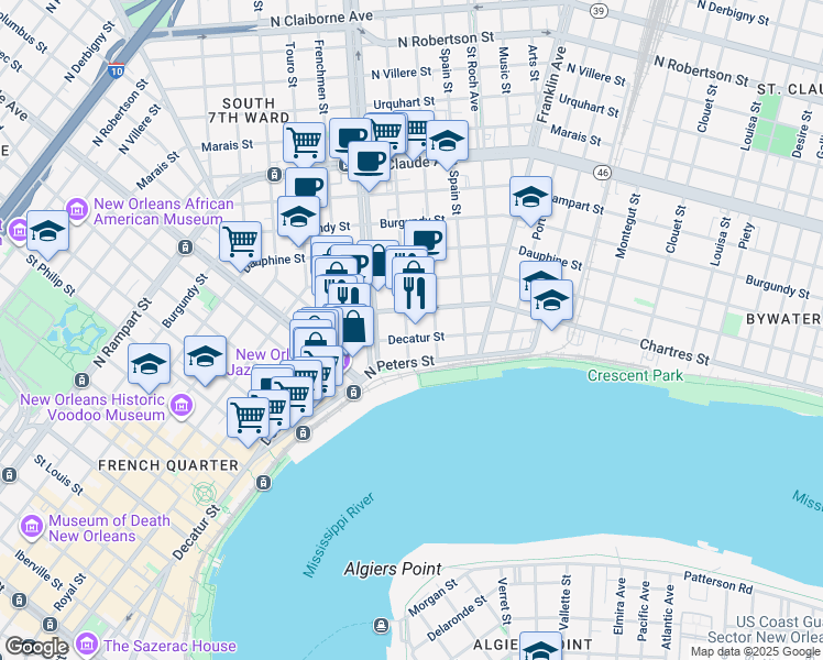 map of restaurants, bars, coffee shops, grocery stores, and more near 2240 Decatur Street in New Orleans