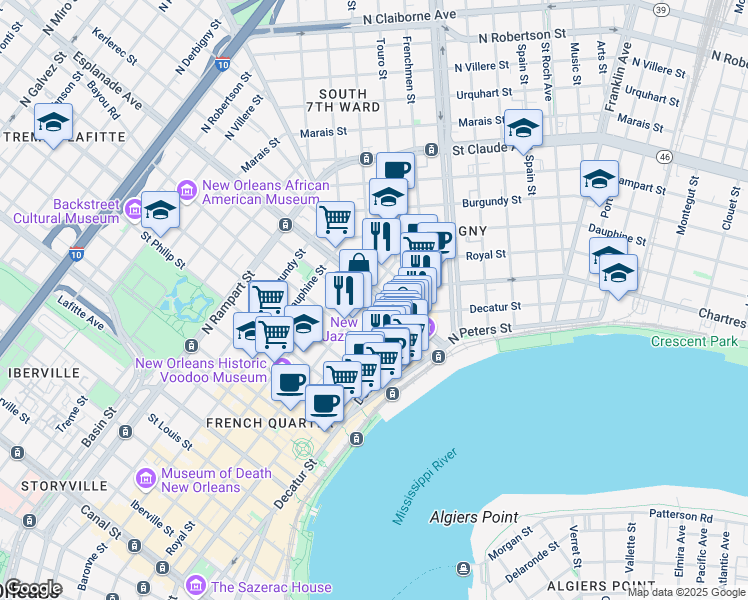 map of restaurants, bars, coffee shops, grocery stores, and more near 623 Barracks Street in New Orleans