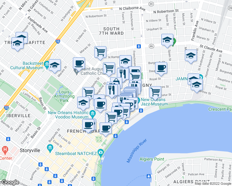map of restaurants, bars, coffee shops, grocery stores, and more near 623 Barracks Street in New Orleans
