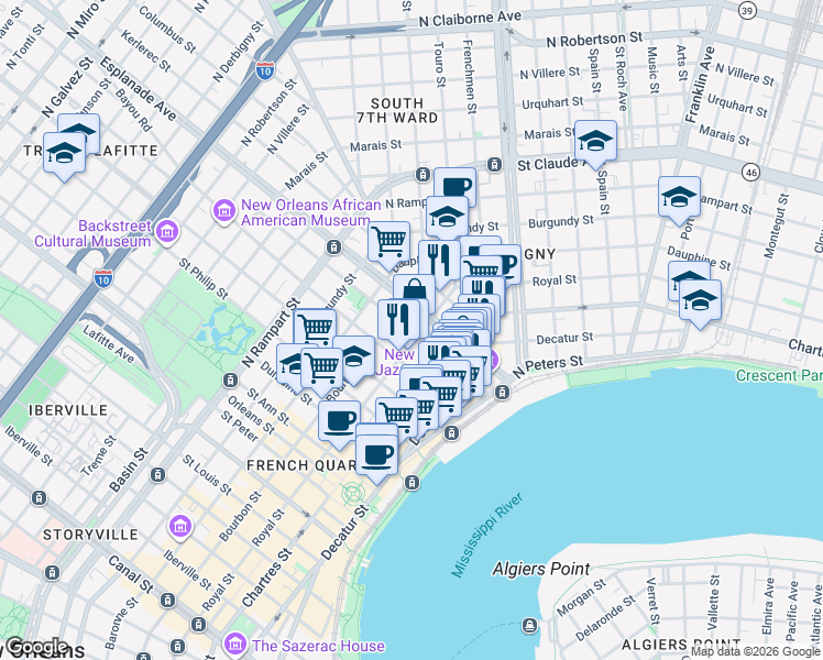 map of restaurants, bars, coffee shops, grocery stores, and more near 623 Barracks Street in New Orleans