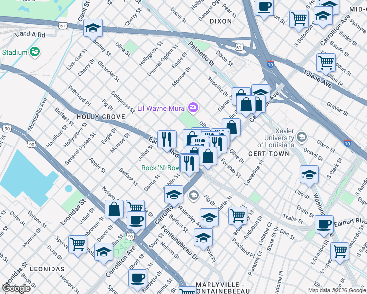 map of restaurants, bars, coffee shops, grocery stores, and more near 8311 Colapissa Street in New Orleans
