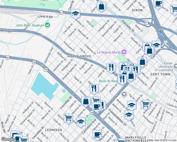 map of restaurants, bars, coffee shops, grocery stores, and more near 8601 Apricot Street in New Orleans