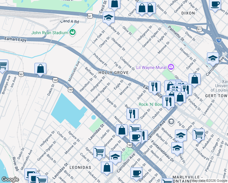 map of restaurants, bars, coffee shops, grocery stores, and more near 8701 Belfast Street in New Orleans