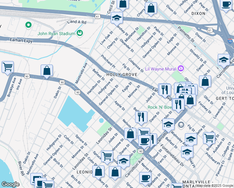 map of restaurants, bars, coffee shops, grocery stores, and more near 2610 Eagle Street in New Orleans