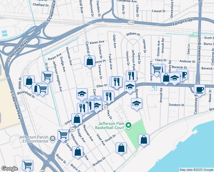 map of restaurants, bars, coffee shops, grocery stores, and more near 557 Terrace Street in Jefferson