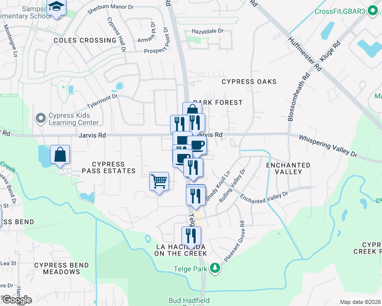 map of restaurants, bars, coffee shops, grocery stores, and more near 12827 Telge Road in Cypress