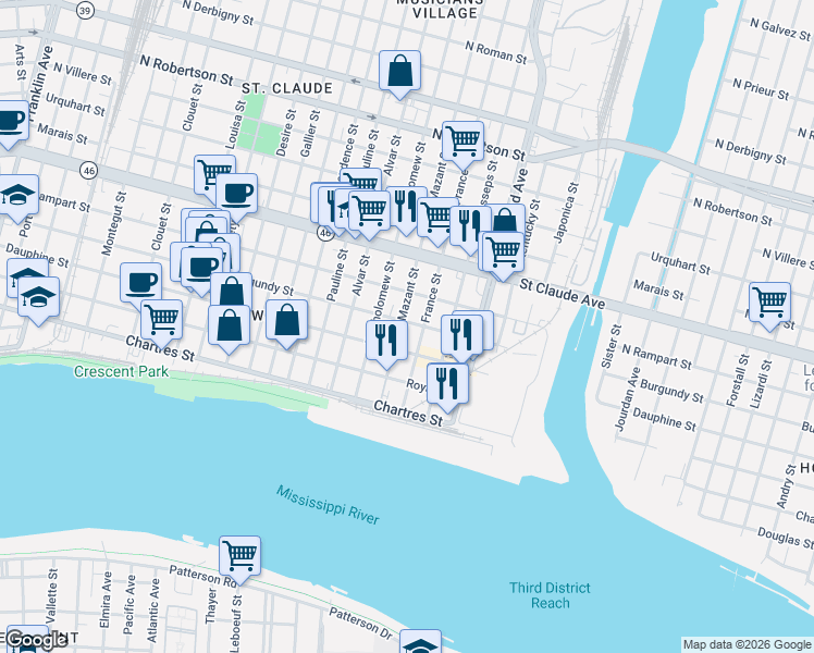 map of restaurants, bars, coffee shops, grocery stores, and more near in New Orleans