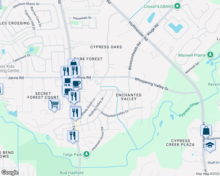map of restaurants, bars, coffee shops, grocery stores, and more near 13023 Cricket Hollow Lane in Cypress