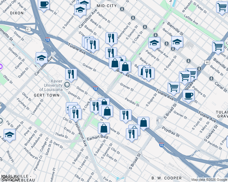 map of restaurants, bars, coffee shops, grocery stores, and more near 748 South Rendon Street in New Orleans