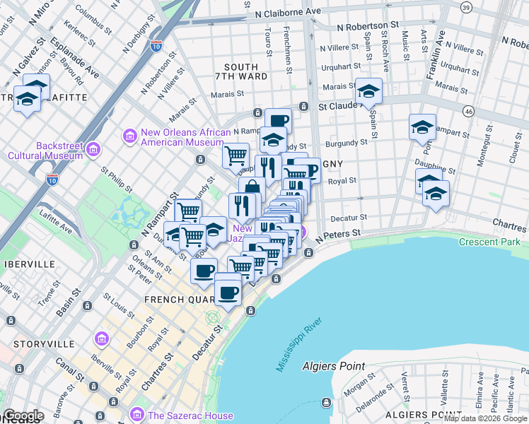 map of restaurants, bars, coffee shops, grocery stores, and more near 632 Esplanade Avenue in New Orleans