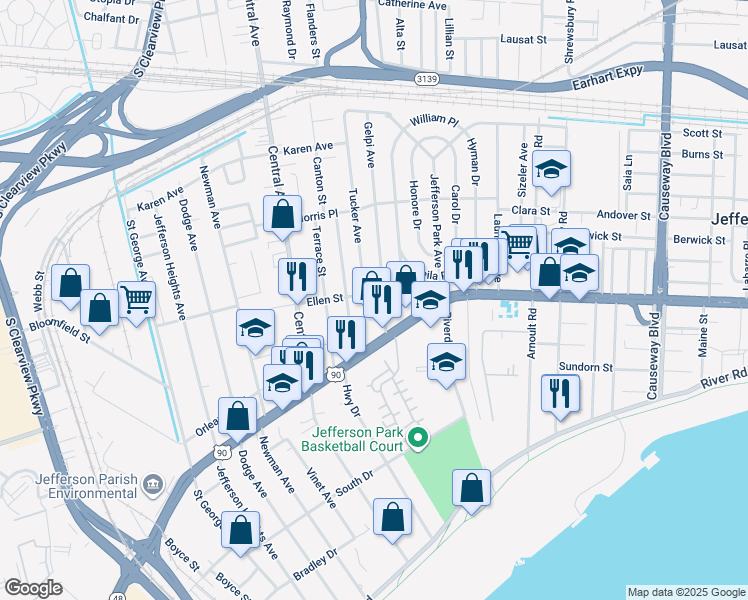 map of restaurants, bars, coffee shops, grocery stores, and more near 535 Tucker Avenue in Jefferson