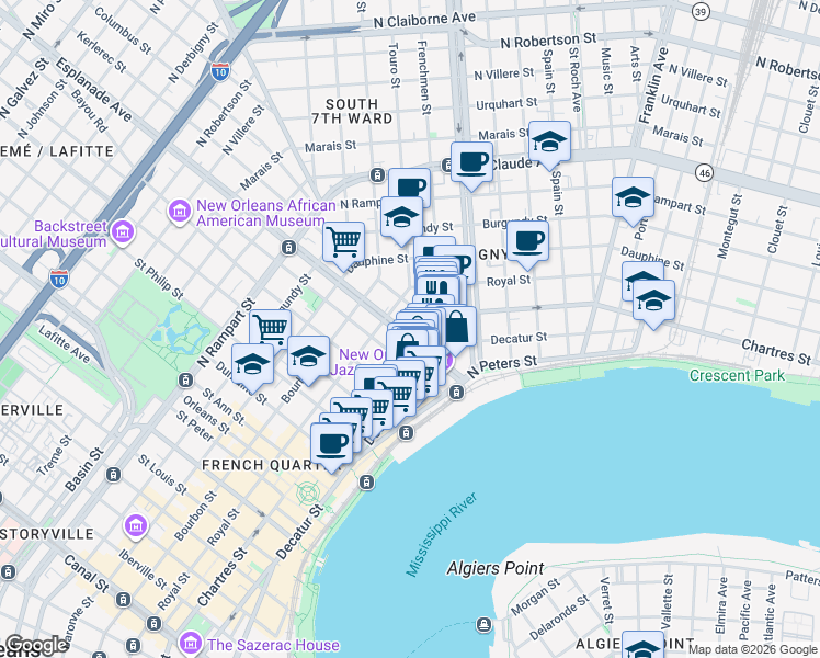 map of restaurants, bars, coffee shops, grocery stores, and more near 1421 Chartres Street in New Orleans