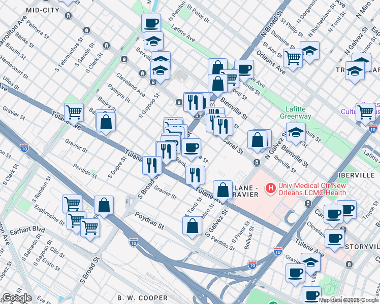 map of restaurants, bars, coffee shops, grocery stores, and more near 2617 Banks Street in New Orleans