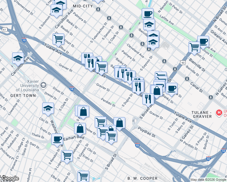 map of restaurants, bars, coffee shops, grocery stores, and more near 3024 Gravier Street in New Orleans