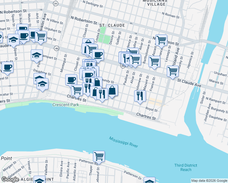 map of restaurants, bars, coffee shops, grocery stores, and more near 715 Independence Street in New Orleans