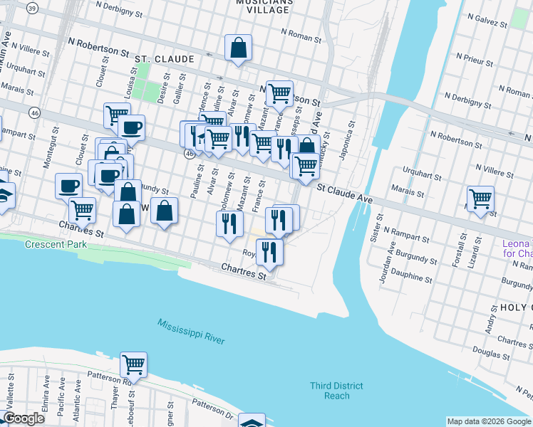 map of restaurants, bars, coffee shops, grocery stores, and more near 4223 Burgundy Street in New Orleans