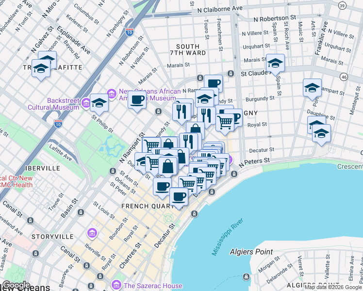 map of restaurants, bars, coffee shops, grocery stores, and more near 721 Governor Nicholls Street in New Orleans
