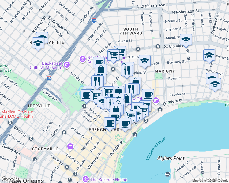 map of restaurants, bars, coffee shops, grocery stores, and more near 825 Ursulines Avenue in New Orleans