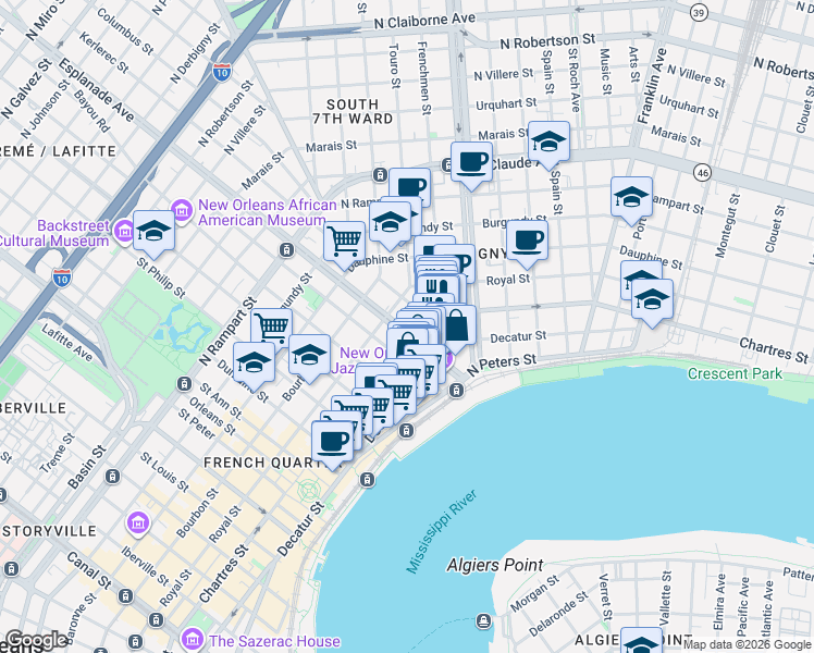 map of restaurants, bars, coffee shops, grocery stores, and more near in New Orleans