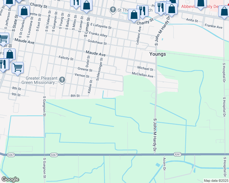 map of restaurants, bars, coffee shops, grocery stores, and more near 916 Pearl Street in Abbeville