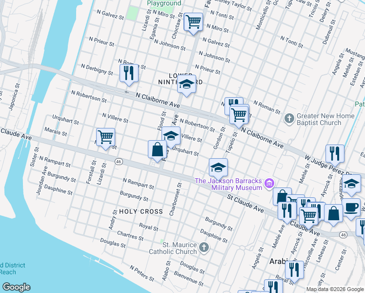 map of restaurants, bars, coffee shops, grocery stores, and more near 1224 Charbonnet Street in New Orleans