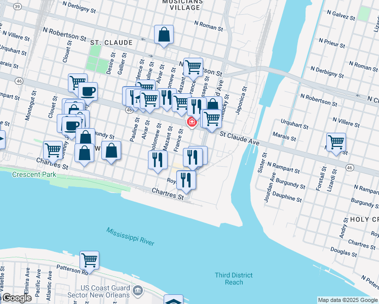 map of restaurants, bars, coffee shops, grocery stores, and more near 4308 Burgundy Street in New Orleans