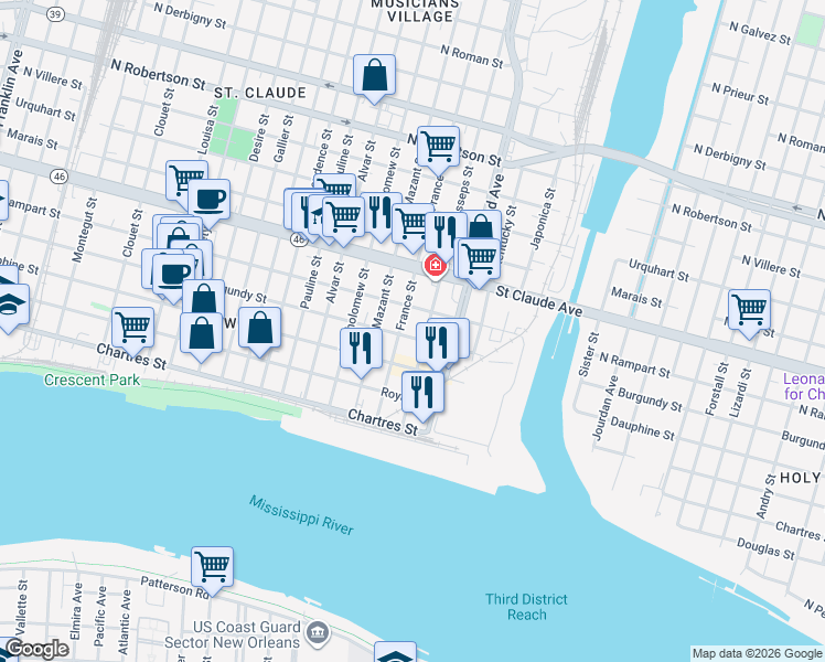 map of restaurants, bars, coffee shops, grocery stores, and more near 4308 Burgundy Street in New Orleans