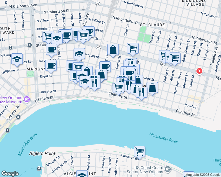 map of restaurants, bars, coffee shops, grocery stores, and more near 3137 Chartres Street in New Orleans