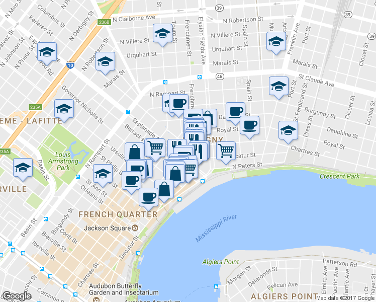 map of restaurants, bars, coffee shops, grocery stores, and more near in New Orleans