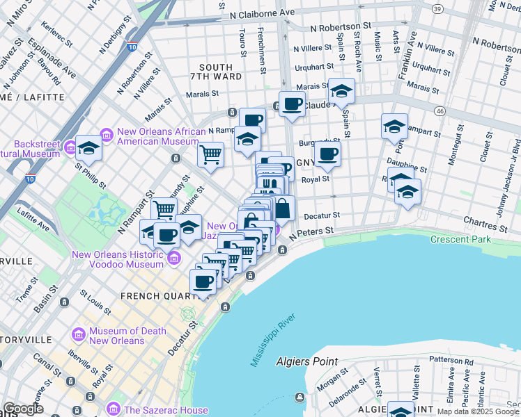 map of restaurants, bars, coffee shops, grocery stores, and more near in New Orleans