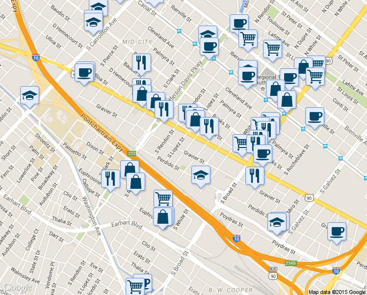 map of restaurants, bars, coffee shops, grocery stores, and more near 3024 Gravier Street in New Orleans