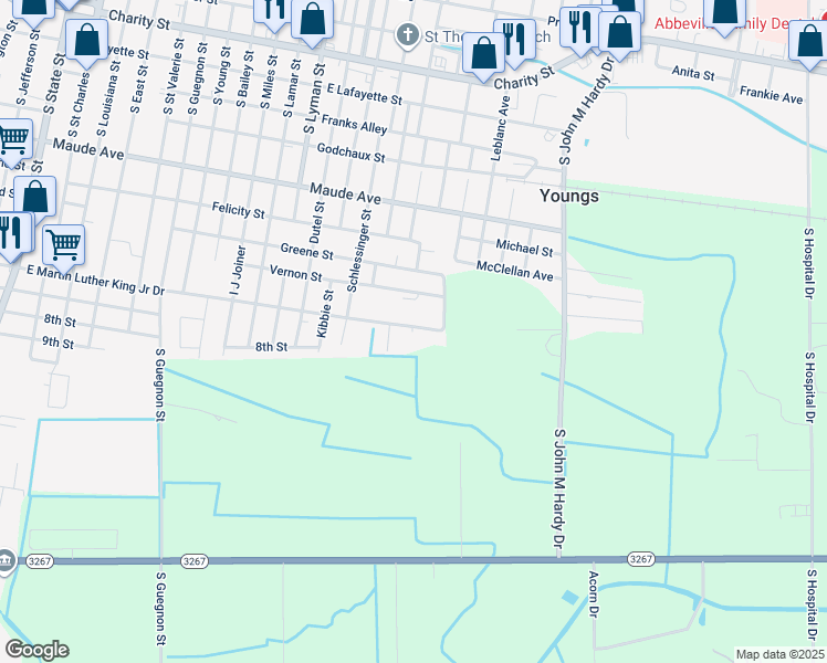 map of restaurants, bars, coffee shops, grocery stores, and more near 916 Pearl Street in Abbeville