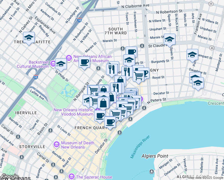 map of restaurants, bars, coffee shops, grocery stores, and more near 1225 Bourbon Street in New Orleans