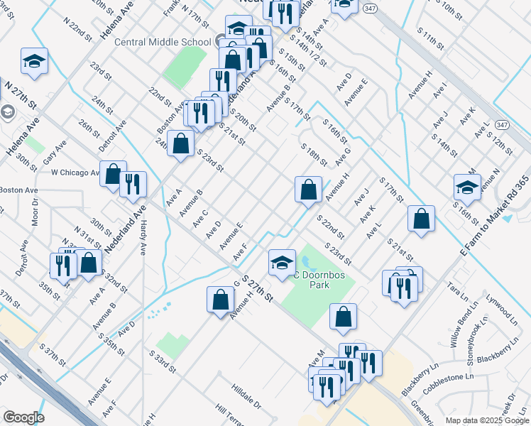 map of restaurants, bars, coffee shops, grocery stores, and more near 2410 Avenue F in Nederland