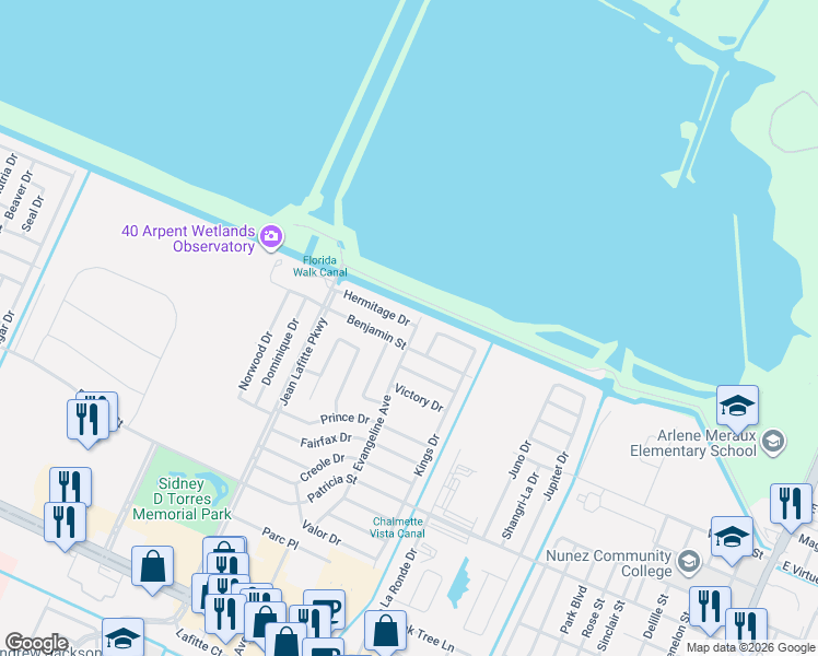 map of restaurants, bars, coffee shops, grocery stores, and more near 8501 Benjamin Street in Chalmette
