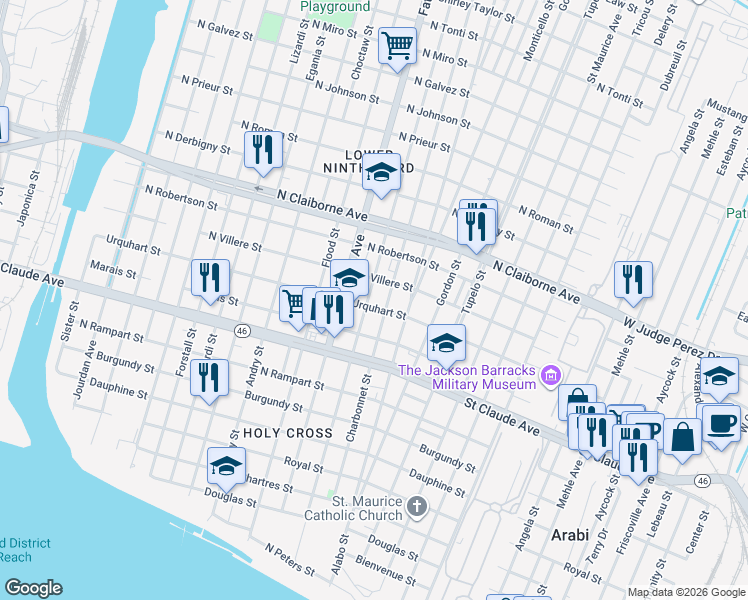 map of restaurants, bars, coffee shops, grocery stores, and more near 1224 Charbonnet Street in New Orleans