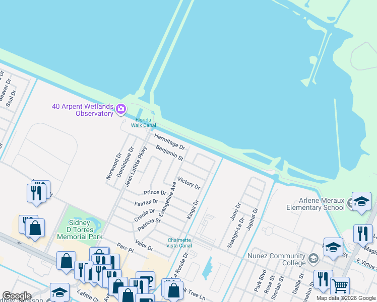 map of restaurants, bars, coffee shops, grocery stores, and more near 8501 Benjamin Street in Chalmette