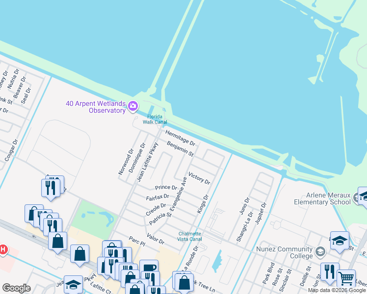 map of restaurants, bars, coffee shops, grocery stores, and more near 3920 Imperial Drive in Chalmette