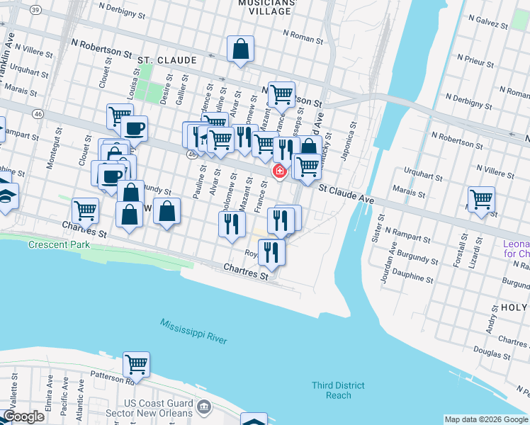 map of restaurants, bars, coffee shops, grocery stores, and more near 4308 Burgundy Street in New Orleans