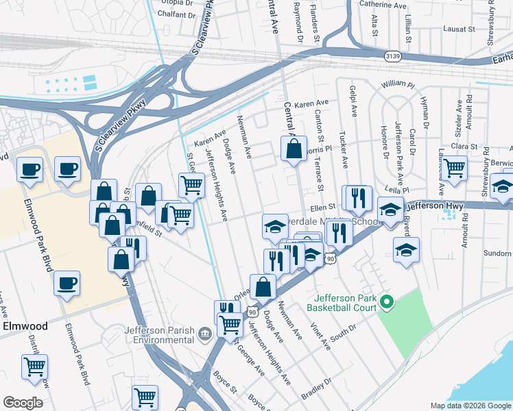 map of restaurants, bars, coffee shops, grocery stores, and more near 4520 Cross Street in Jefferson