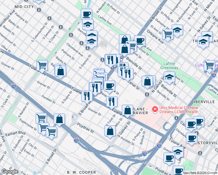 map of restaurants, bars, coffee shops, grocery stores, and more near 2617 Banks Street in New Orleans